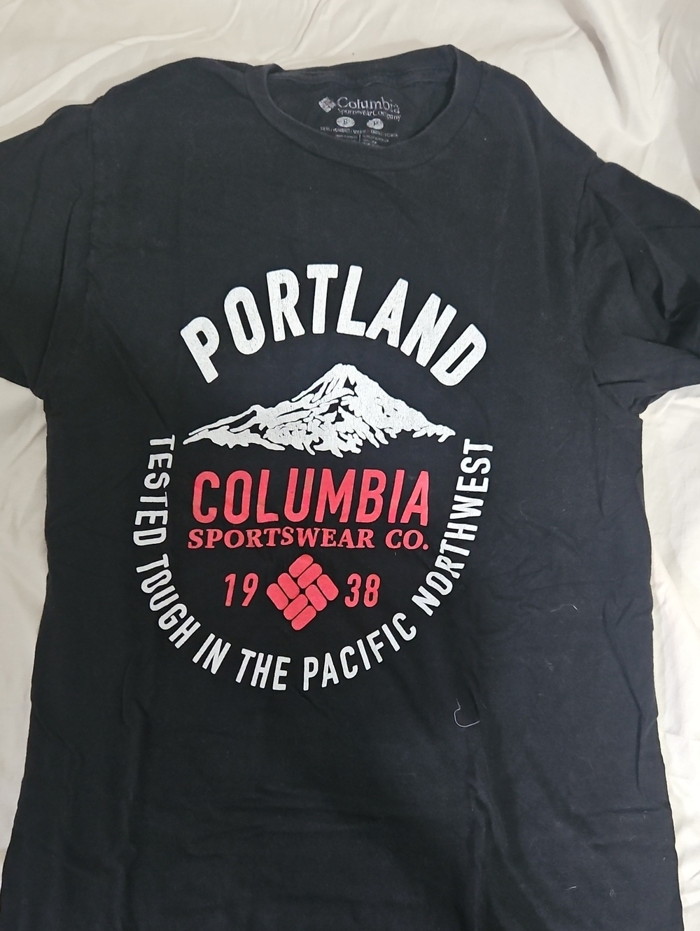 Columbia Black Tee with White & Red Portland Graphic